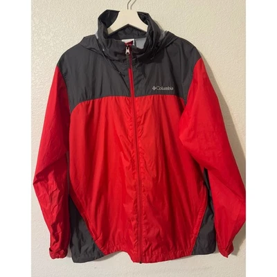 Columbia Mens L Jacket Windbreaker Lightweight Rain Hooded Red Gray Full Zip - Image 1 of 4