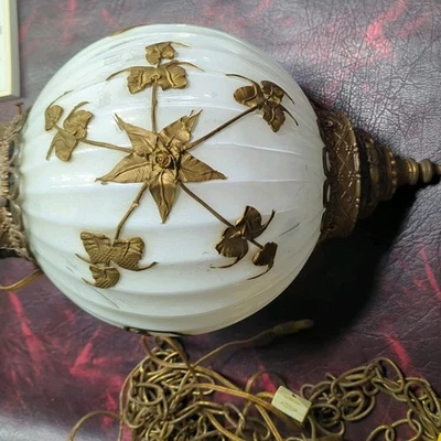 VTG Carl Falkenstein Hanging Swag Lamp white Glass Gold texture Mid Century 1950 - Image 1 of 4