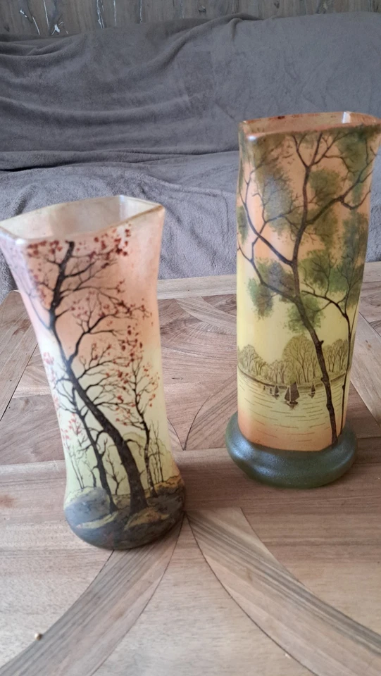 vase theodore legras  en verre émaillé décors paysage lacustre - Photo 1/4