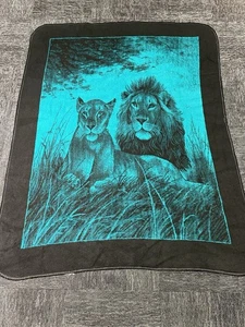 Vintage San Marcos Original Lion Blanket Reversible Teal Black 89.5 x 70.5 - Picture 1 of 4