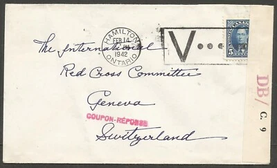 1940 Red Cross Censored Cover 5c Mufti Hamilton Ontario Slogan to Switzerland Foto 1 de 2