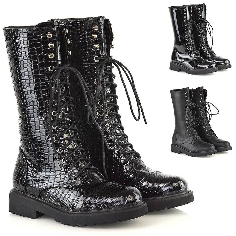 Womens Mid Calf Lace Up Ladies Combat Punk Biker Goth Black Boots Shoes Size - image 1 of 1
