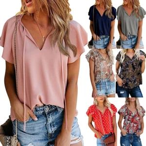 Para Mujer Primavera Y Verano Nueva Informal Estampada Cuello en V Manga Corta Camisa Suelta Top - Imagen 1 de 61