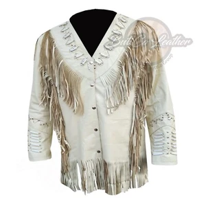 Women Western Suede Leather Cream Cowgirl Leather Classic Jacket with Fringe - Picture 1 of 5