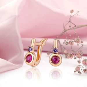 Rose Gold Rotgold 585 Kinder Ohrringe mit roten und lila CZ Nue mit Etikett - Bild 1 von 1