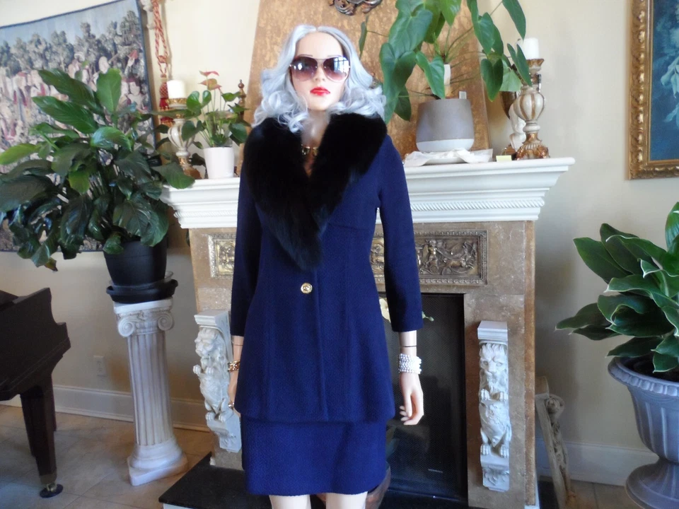 Traje falda punto azul marino St. John con cuello de piel sintética extraíble talla 4/6 Foto 1 de 4