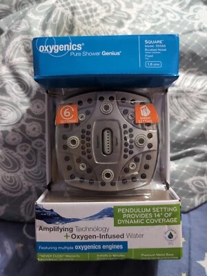 Cabezal de ducha de lluvia Oxygenics cuadrado fijo de 6 ajustes (níquel cepillado) 1,8 GPM Foto 1 de 2