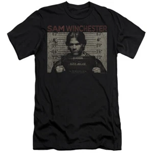 Supernatural Premium Canvas T-Shirt Sam Winchester Mug Shot Black Tee - Picture 1 of 1