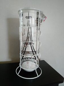 Stackable Coffee Mug Set Of 4 Metal Rack Nouveau Plan Paris Eiffel Tower