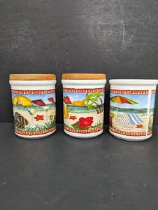 Laurie Korsgaden Ceramic Canister Jars 3 Seaside Tropical 1 No Lid 1 Broken Lid - Picture 1 of 9