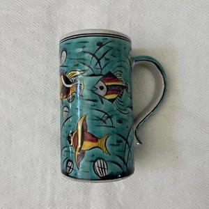 Ikaros Keramik große Tasse Becher Rhodos Griechenland handgefertigt & bemalt N.16 türkis Fisch - Bild 1 von 9