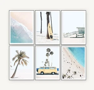 Set of 6 Beach & Ocean Waves Palm Trees Kombi Van Matching Wall Art Print. - Picture 1 of 9