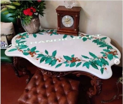 30" x 16'' white Marble coffee Center console Table Top Inlay green malachite - Image 1 of 3