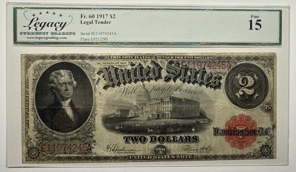 LEGACY15 FINE 1917 $2 LEGAL TENDER RED SEAL SPEELMAN WHITE 4245A - Image 1 of 2