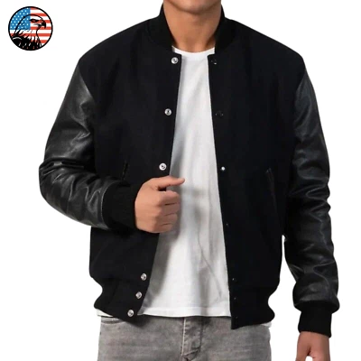 Mens Vintage Black Wool Varsity Jacket Leather Sleeves Letterman Baseball Retro - Image 1 of 4