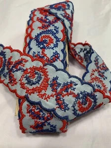 Vtg 70s Sewing Trim Lt Blue Scalloped Edge Red Dk Blue Cross Stitch 16’Lx1.5” w - Picture 1 of 8