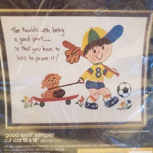 Bucilla Crewel Needlecraft Kit - GOOD SPORT SAMPLER - 48555 Vintage 15X18 New - Picture 1 of 5