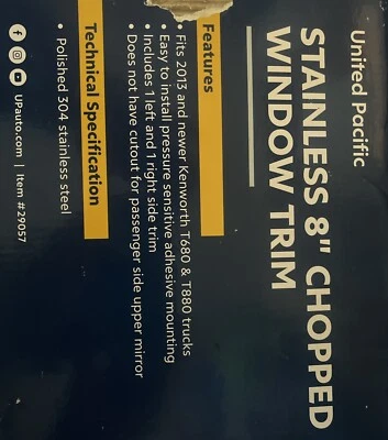 United Pacific 29057 Window Trim   Stainless, 8" Chopped, For Kenworth - Image 1 of 4