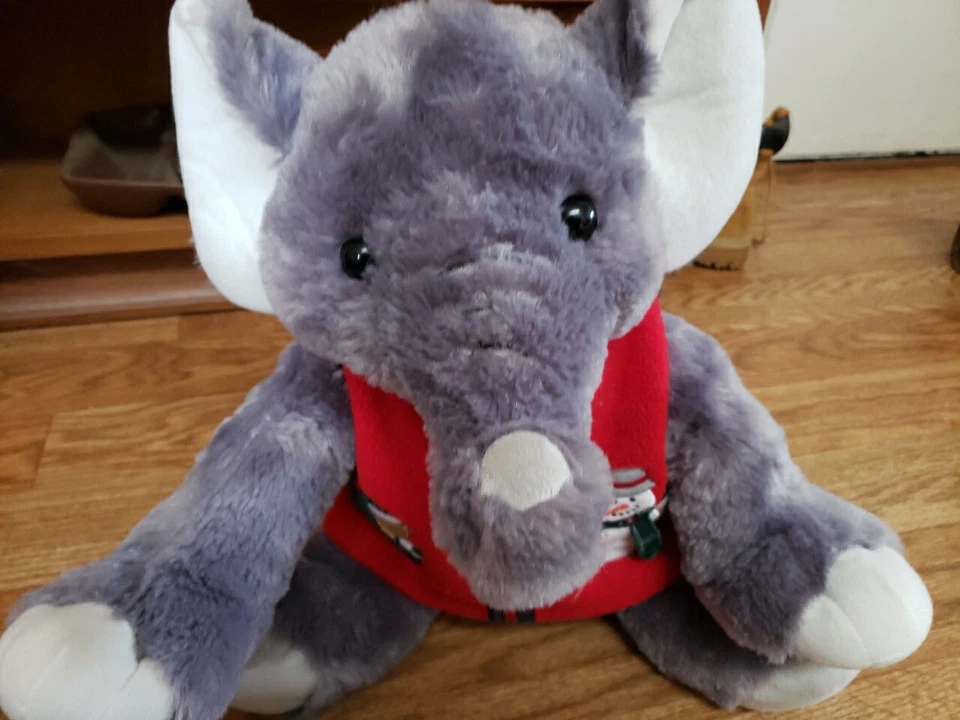 FIESTA ELEPHANT PLUS RED CHRISTMAS VEST ADORNED SNOWMAN &TEDDY BEAR 15.5" HT 20" - Image 1 of 4