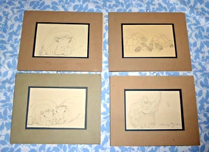 Lot 4 gerahmte gezeichnete Tier Postkarten Natl Zoological Park 1968 Margaret Brown - Bild 1 von 6