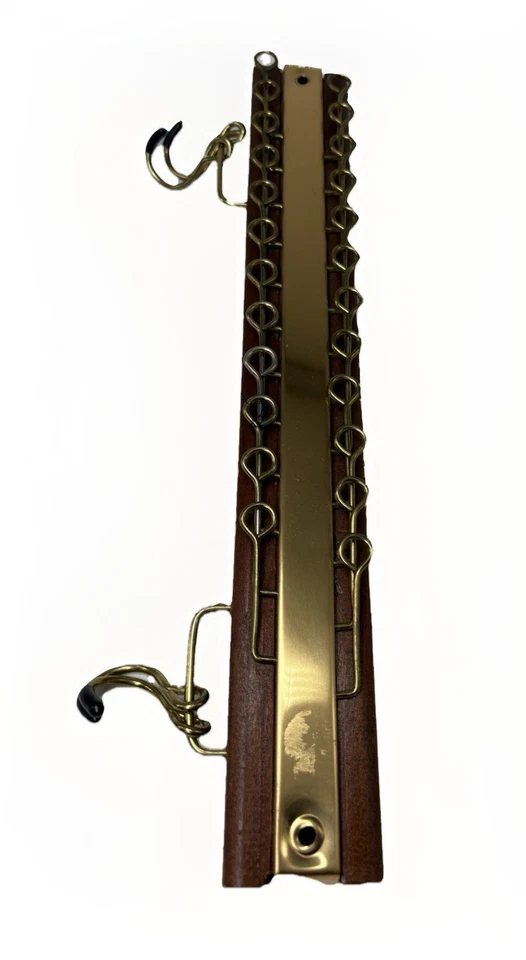 Vintage Wood & Brass Tie Rack Belt Holder Wall Mount Organizer 24 Folding Hooks - Image 1 of 3