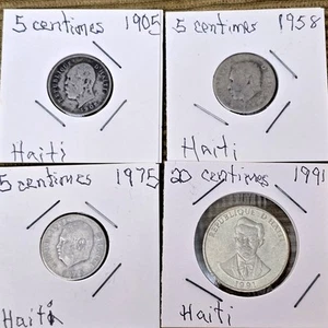 Lot Of 4 Coins, Haiti 1905, 1958, 1975 ~ 5 Centimes  & 1991 ~ 20 Centimes - Picture 1 of 10