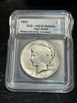 1921 High Relief Peace Dollar $1 ICG VG10 Details Harshly Cleaned - Image 1 of 2