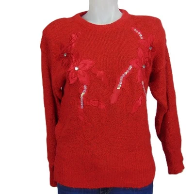 Suéter Bramble Lane Seda Angora Para Mujer’s M Rojo Lentejuelas Floral Vacaciones Retro Corea Foto 1 de 4