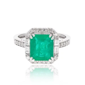 Natural Zambian Emerald and Diamonds Halo Engagement Ring 14K White Gold ring M1 - Picture 1 of 5