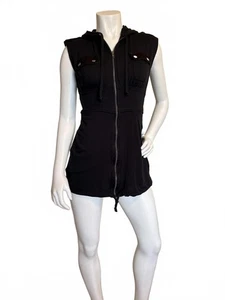 Noblita mini abito donna XS nero senza maniche con cappuccio zip davanti orlo con coulisse - Foto 1 di 6