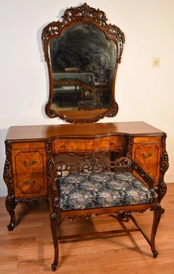 Juego de espejos y taburetes de mesa de maquillaje tocador de madera satinada francesa de los años 30 Foto 1 de 4