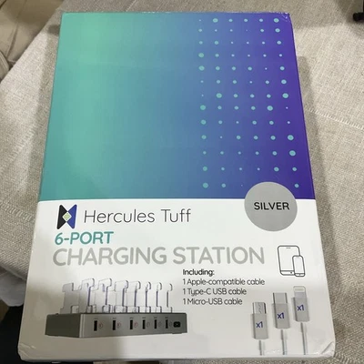 Hercules Tuff 6 Port Charging Station w/ios, Micro & Type C USB Cables in Silver - Image 1 of 3