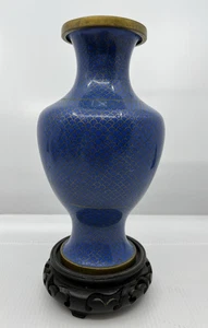 Antique Chinese Blue & Gold Cloisonne Fish Scale Brass Vase 6.5" - Picture 1 of 5