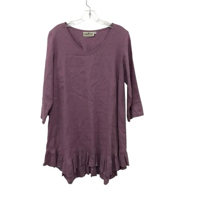 Goddess Gear 100% Linen Dress Ruffle Hem V Neck Casual Lavendar Size Medium Boho - Image 1 of 4