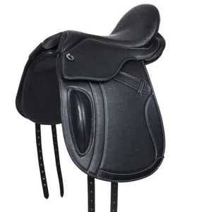 Sella dressage senza albero 1136 in morbida pelle nera con cuciture bianche, con blettro - Foto 1 di 7