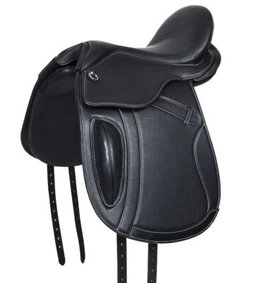 Selle de dressage sans arçon 1136 en cuir souple noir avec surpiqûres blanches - Photo 1/4