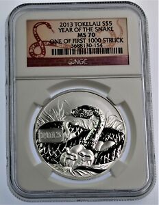 2013 Tokelau Lunar Snake 1 oz .999 silver coin MS70 NGC 1st Striek