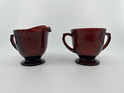 Vintage Royal Ruby Anchor Hocking Glass Creamer and Open Sugar Bowl  - Image 1 of 4