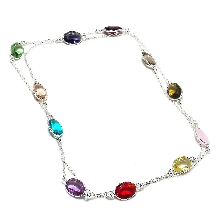 Multi Color Mix Gemstone Handmade 925 Sterling Silver Jewelry Necklace Size 36" - Image 1 of 1