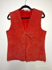 Newport News Easy Style Vest Women's Medium Red 100% Leather Faux Fur Lined - Picture 1 of 16