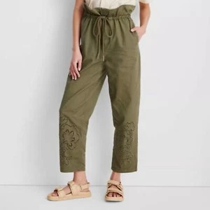 NEW FUTURE COLLECTIVE High Waisted Eyelet Pants Olive Green Size 2 Drawstring - Picture 1 of 11