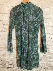 Sweet Pea Dress Womens Large Green Mesh Snakeskin Print Tie Neck Boho Stretch - Picture 1 of 15
