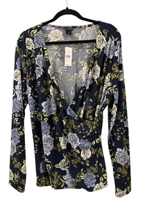 Ann Taylor Factory XL Floral Long Sleeve Surplice Top Blue Faux Wrap Stretch NWT - Picture 1 of 5