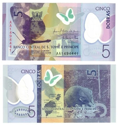 Billete de Santo Tomé y Príncipe 2016 P70 5 Dobras Mariposa UNC Polímero Santo Tomás Foto 1 de 2