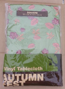 Vintage Kmart Autumn Fall Vinyl Tablecloth Green w/ Leaves 52" x 52" Square - Picture 1 of 5