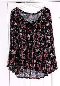 Venus Floral Smocked Waist Boho Top with Bell Sleeves Lace Up V-Neck Peasant M - Picture 1 of 7