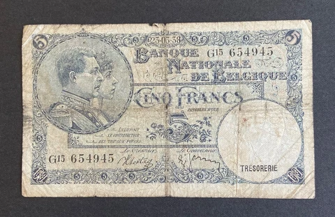 1938 Banque Nationale de Belgique 5 Francs Belgium Banknote Paper Money Note Cover