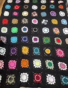Crocheted Blanket Afhgan XL Granny Square  Black Multicolor Hand Made 66”x 83” - Picture 1 of 12