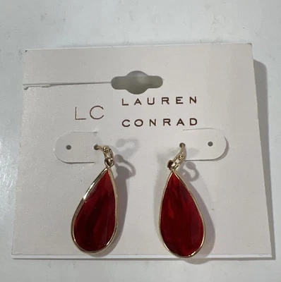 Pendientes colgantes LC Lauren Conrad color dorado metal rojo piedra joyería Foto 1 de 4