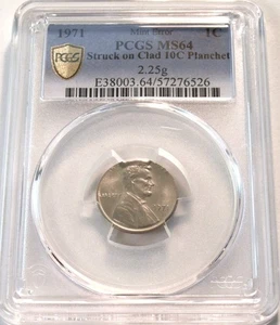 1971 1C PCGS MS64 ERROR Lincoln Cent Struck on Roosevelt Dime 10C Planchet Blank - Picture 1 of 5